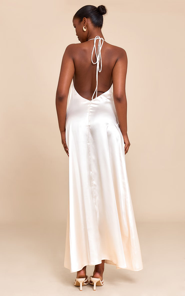 Natural Satin Lace Up Back Maxi Slip Dress