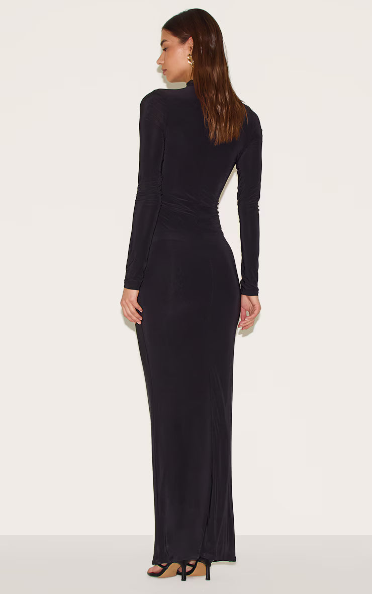 Black Slinky Belt Detail Maxi Dress