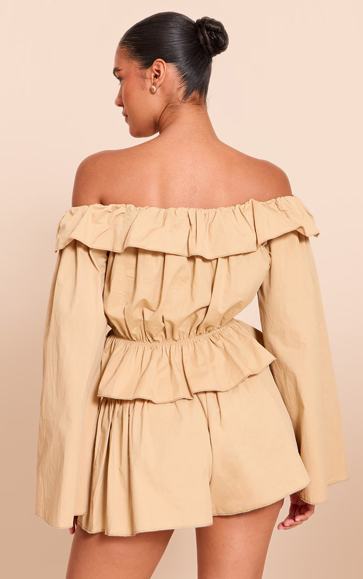 Stone Cotton Woven Frill Bardot Long Sleeve Long Top