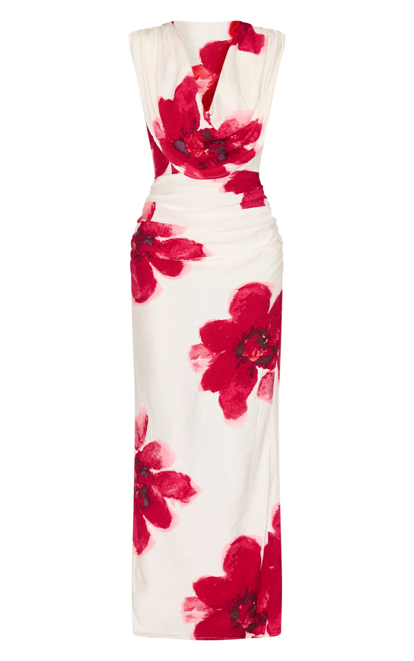 Red Printed Cowl Ruched Detail Maxi Dress