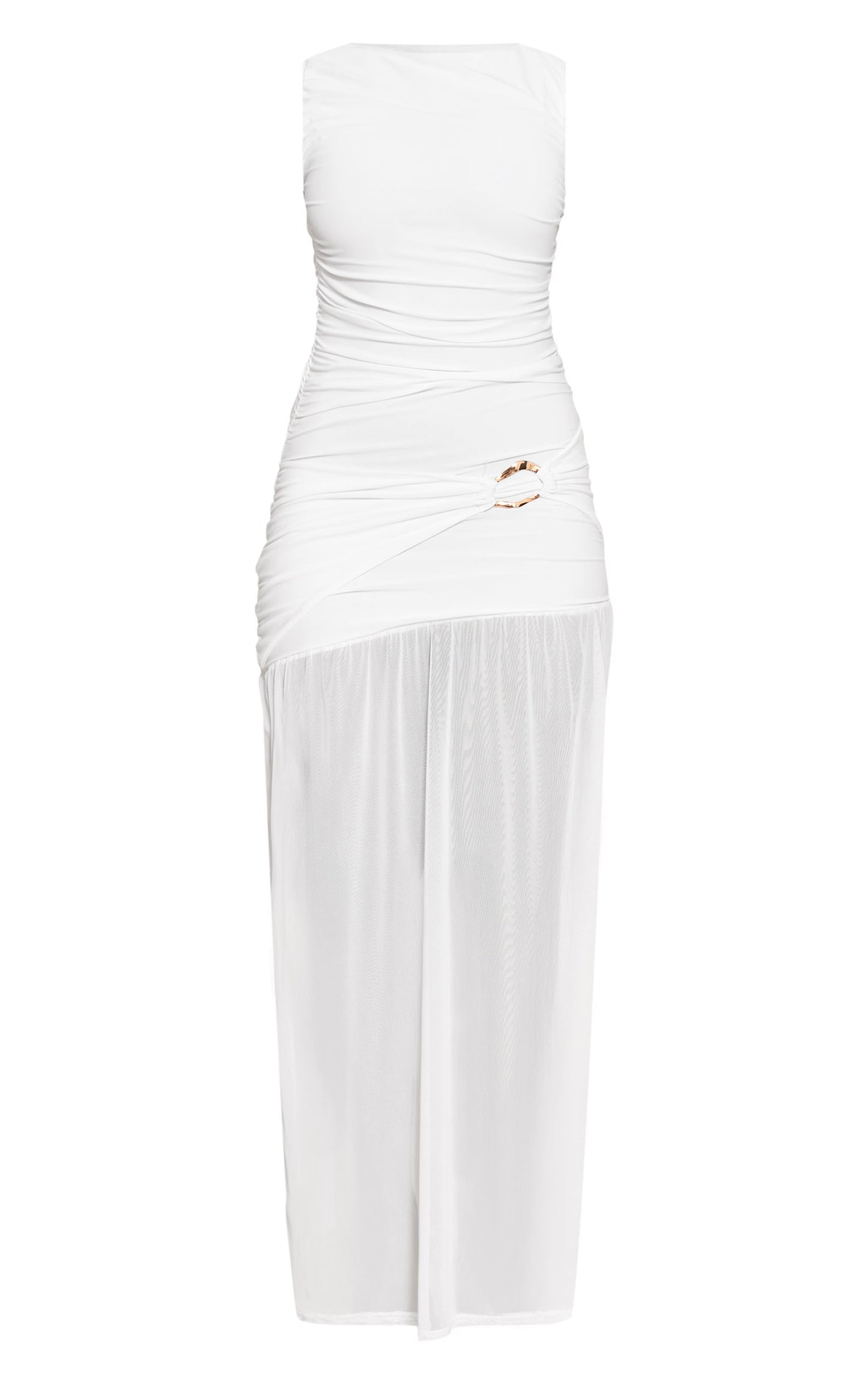 Shape White Boat Neck Ruched Gold Trim Dropped Hem Maxi Dress