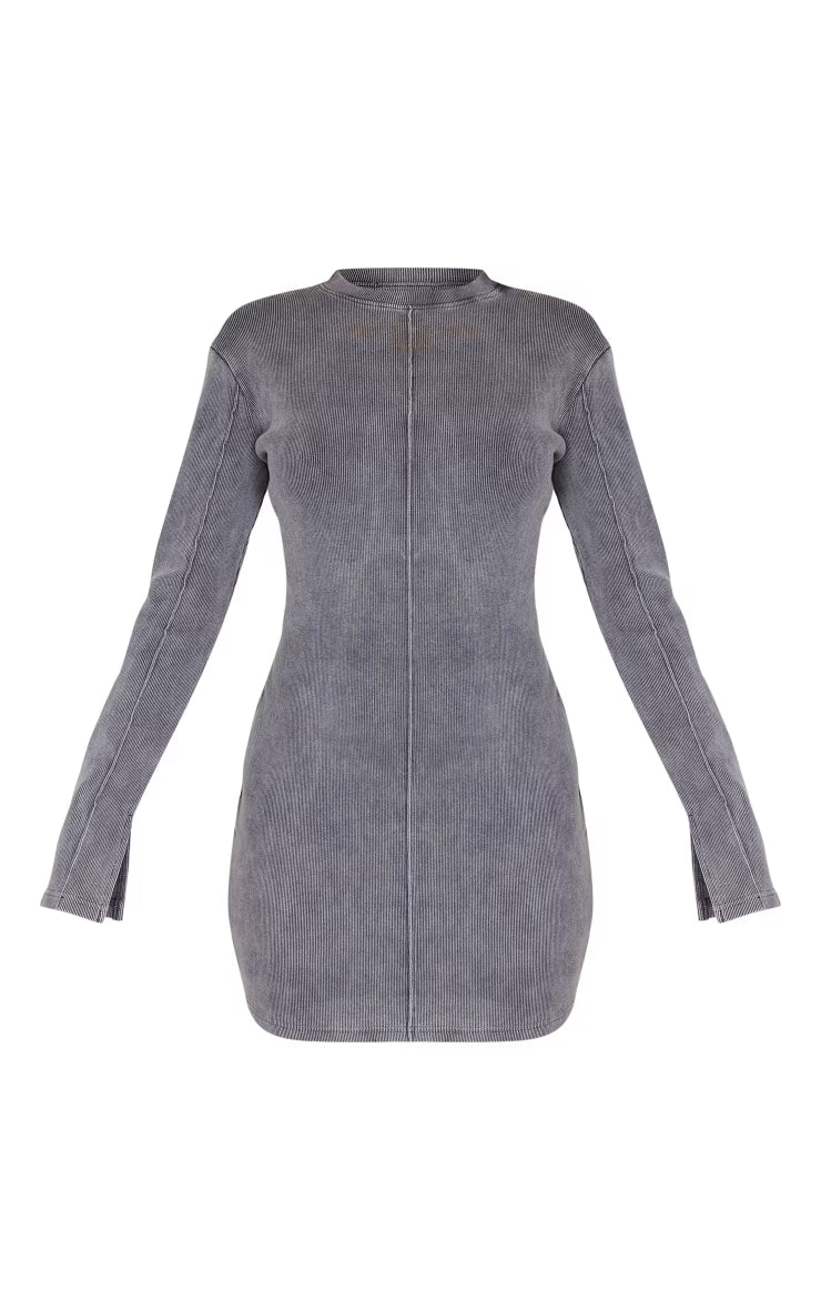 Charcoal Ribbed Exposed Seam Long Sleeve Bodycon Dress