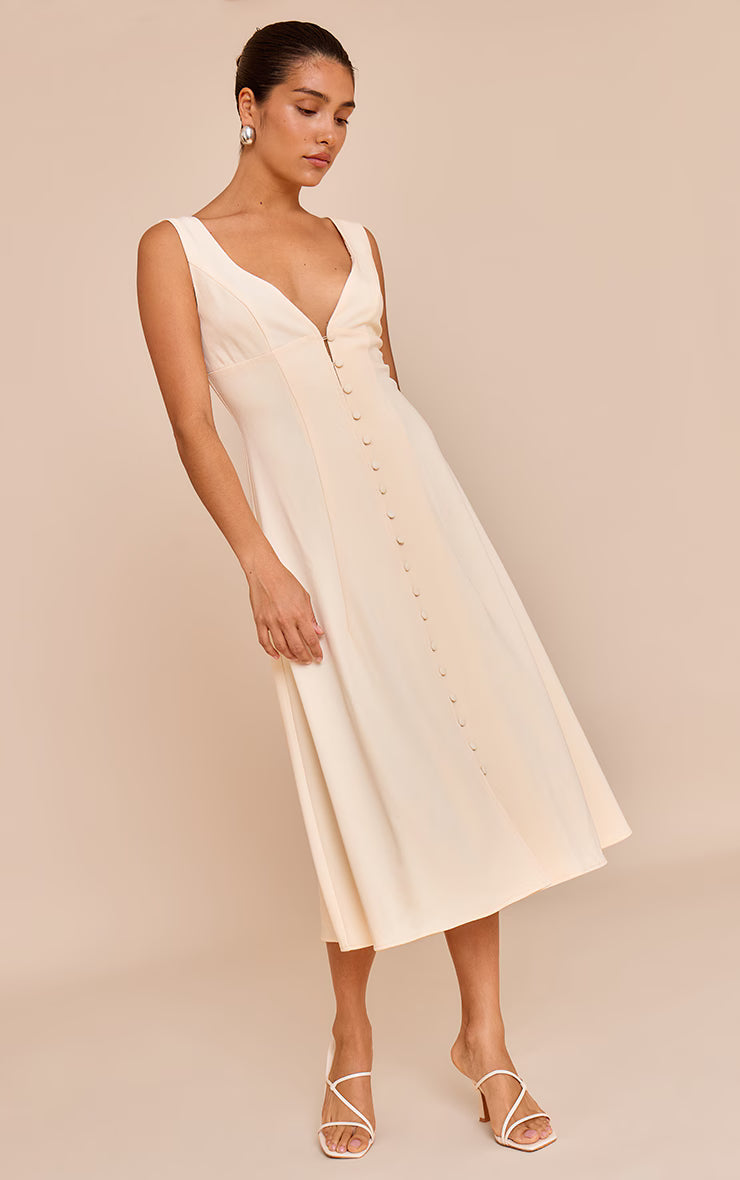 Petite Butter Cream Plunge Button Up Midi Dress