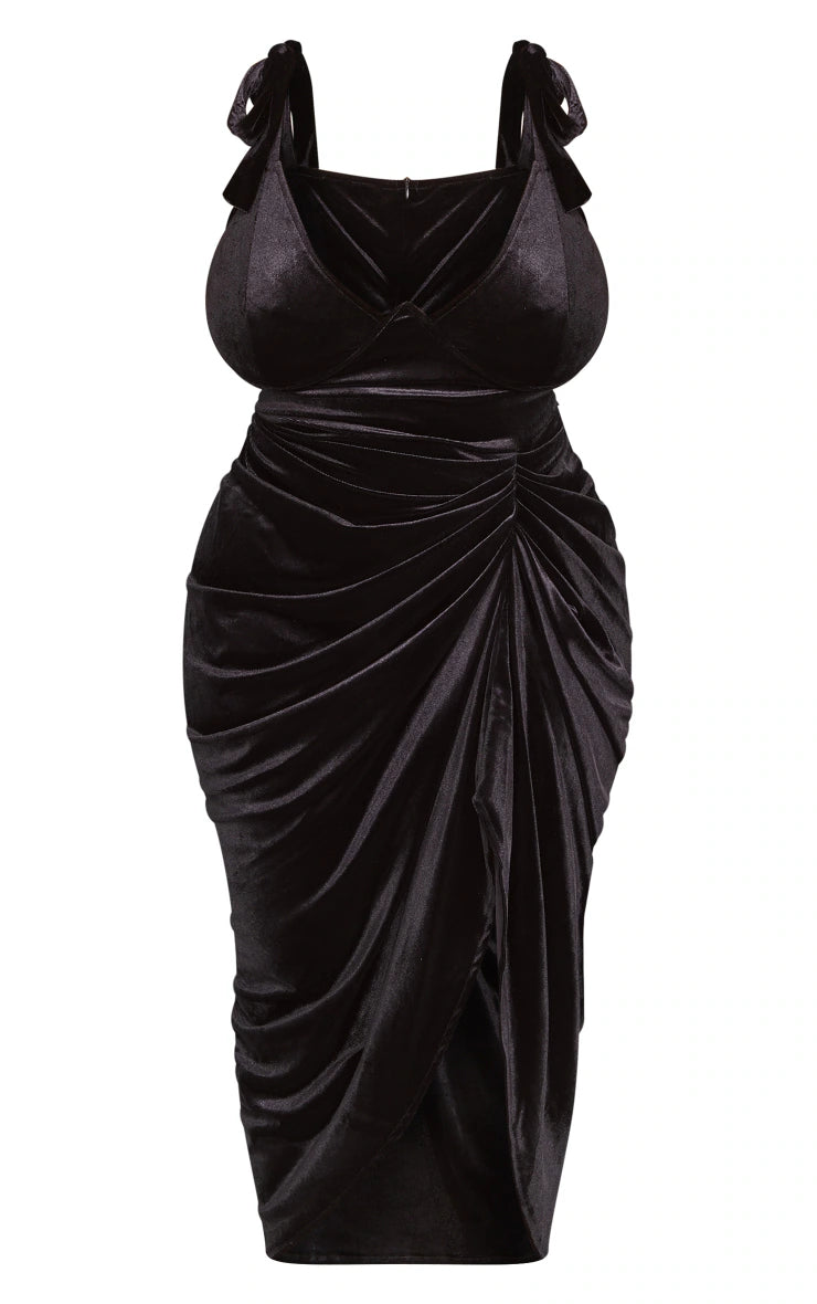 Plus Black Velvet Underwire Detail Draped Midi Dress