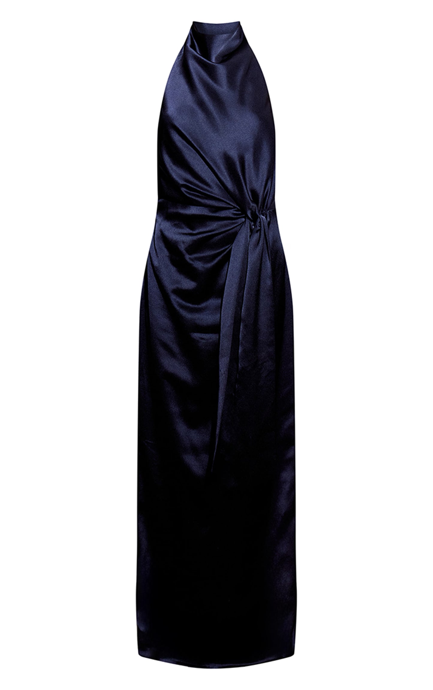 Navy Satin Tie Knot Drape Detail Maxi Dress