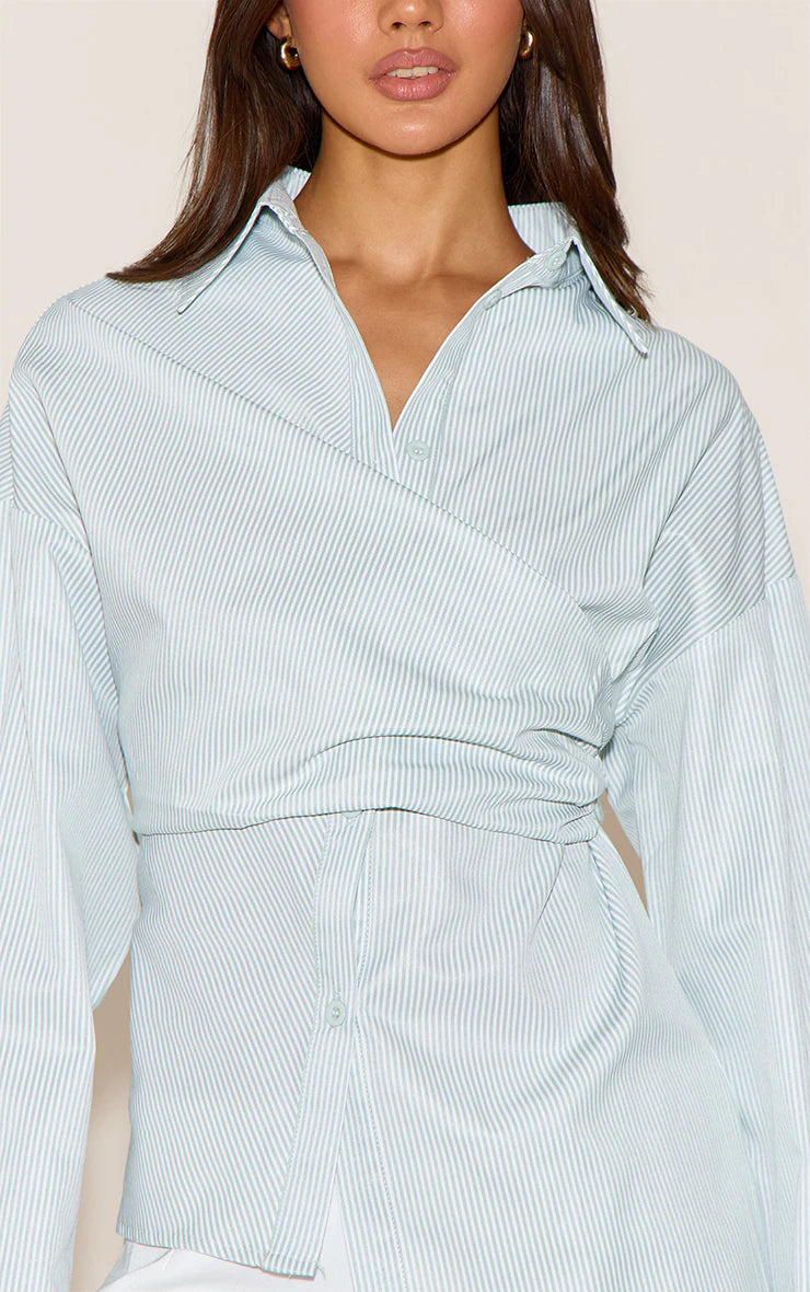 Sage Green Stripe Asymmetric Drape Shirt