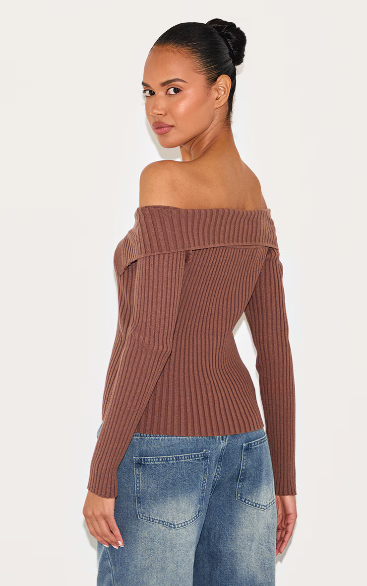 Ash Brown Rib Knit Fold Over Button Up Top