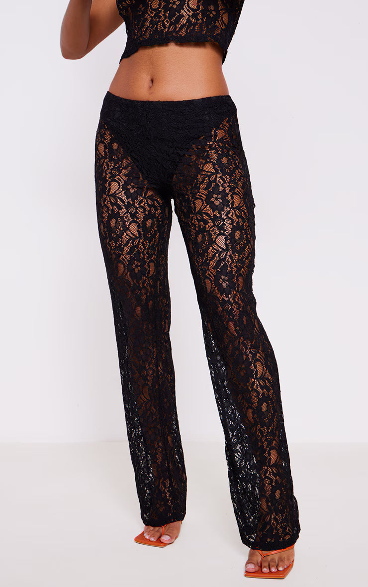 Black Lace High Waist Flared Pants