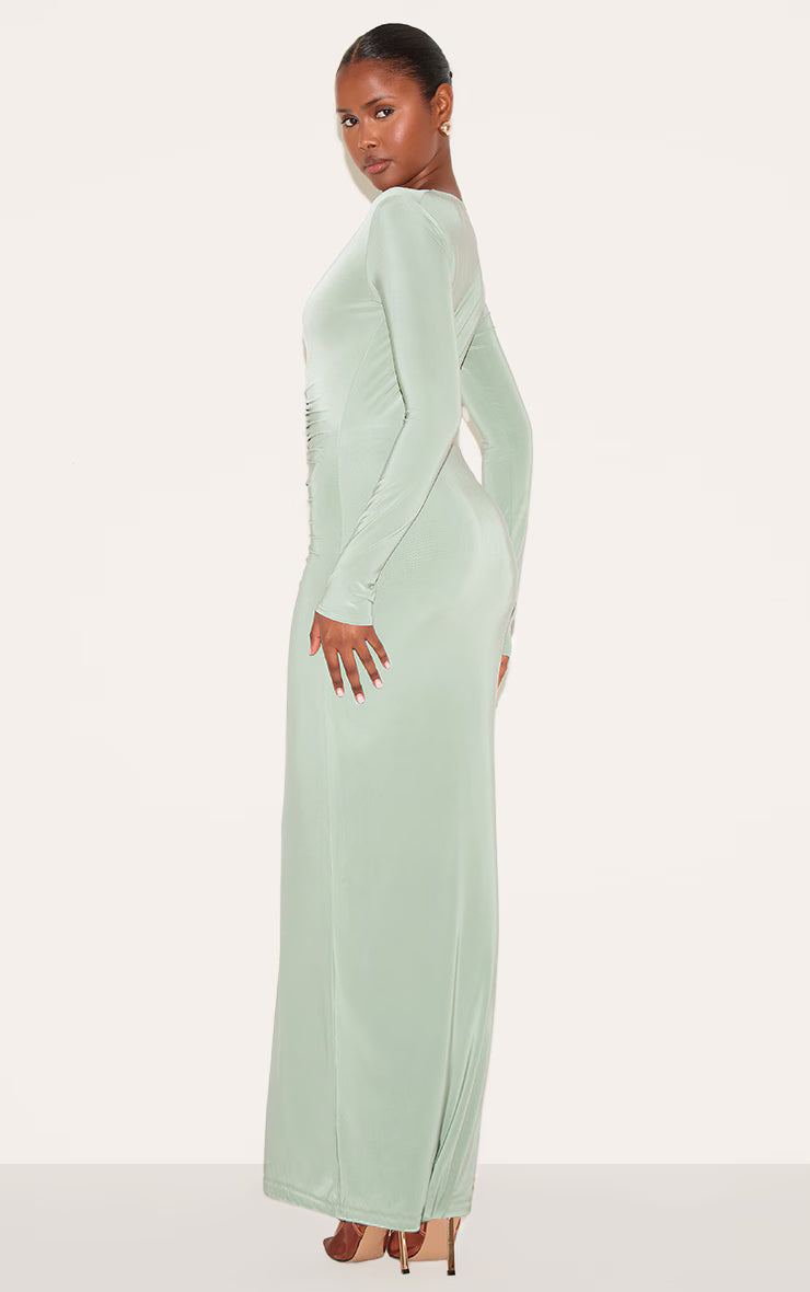 Sage Green Double Layer Plunge Ruched Maxi Dress