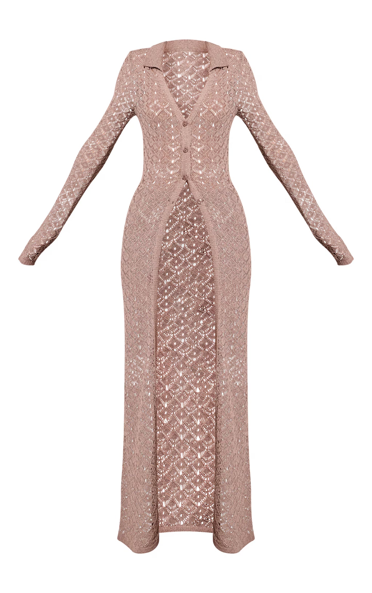 Taupe Crochet Knit Maxi Cardigan