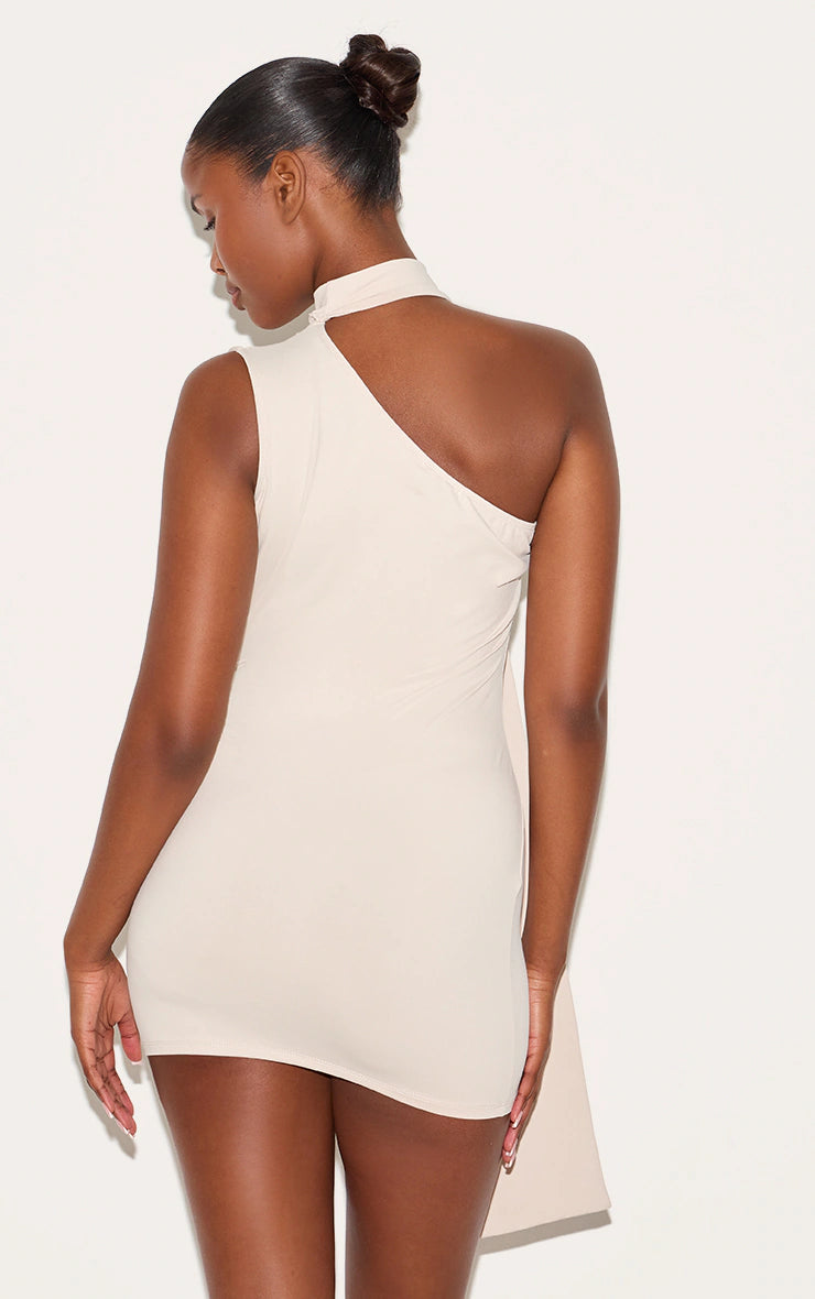Cream Soft Touch One Shoulder Wrap Detail Mini Dress