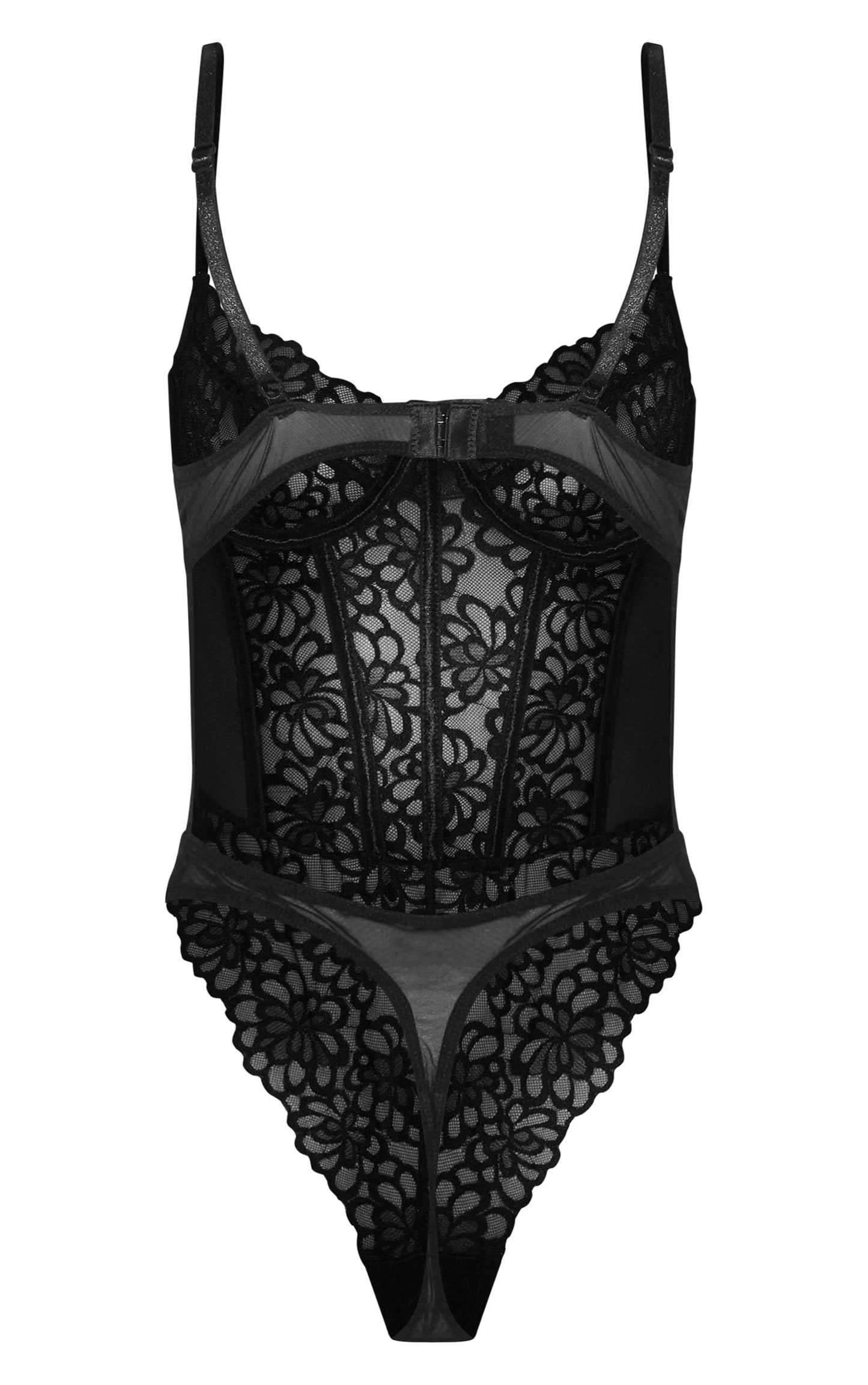 Black Floral Scalloped Edge Lace Cut Out Bodysuit