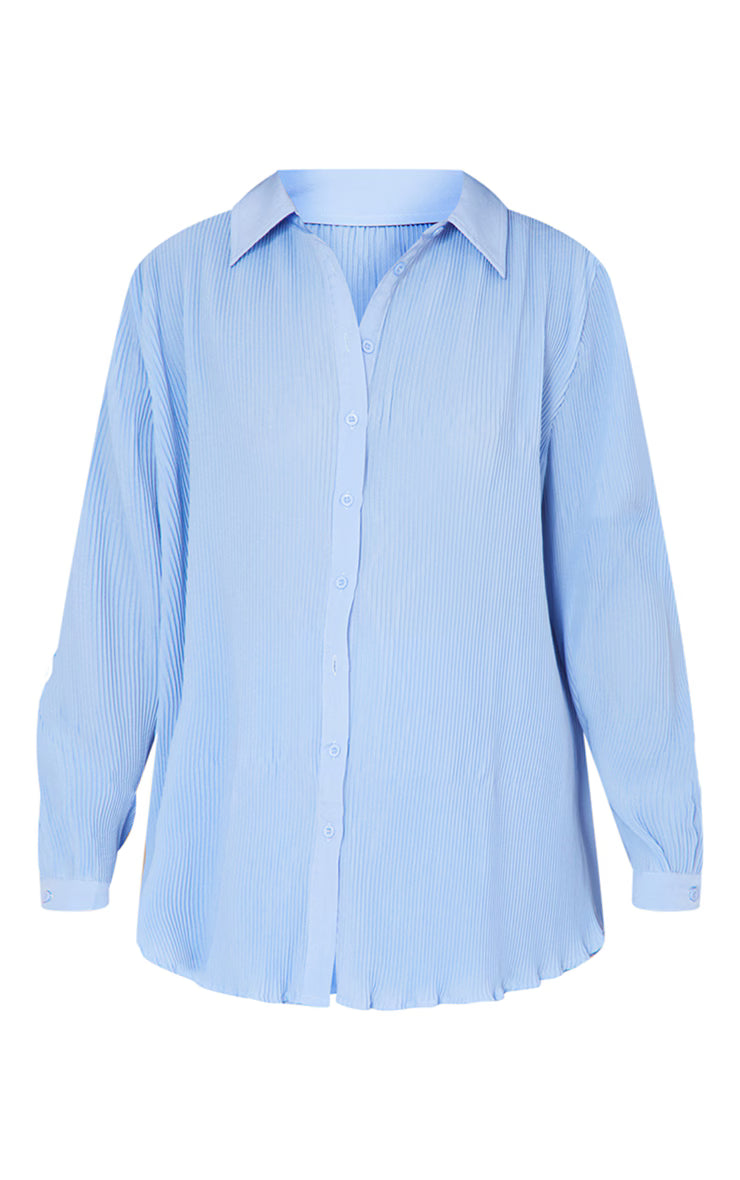 Blue Plisse Button Front Oversized Shirt