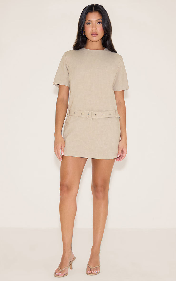 Stone Woven Oversized Short Sleeve Belted Mini Dress