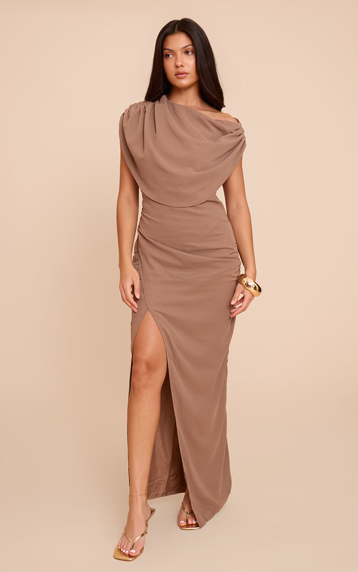 Deep Taupe Chiffon Cowl Neck Maxi Dress