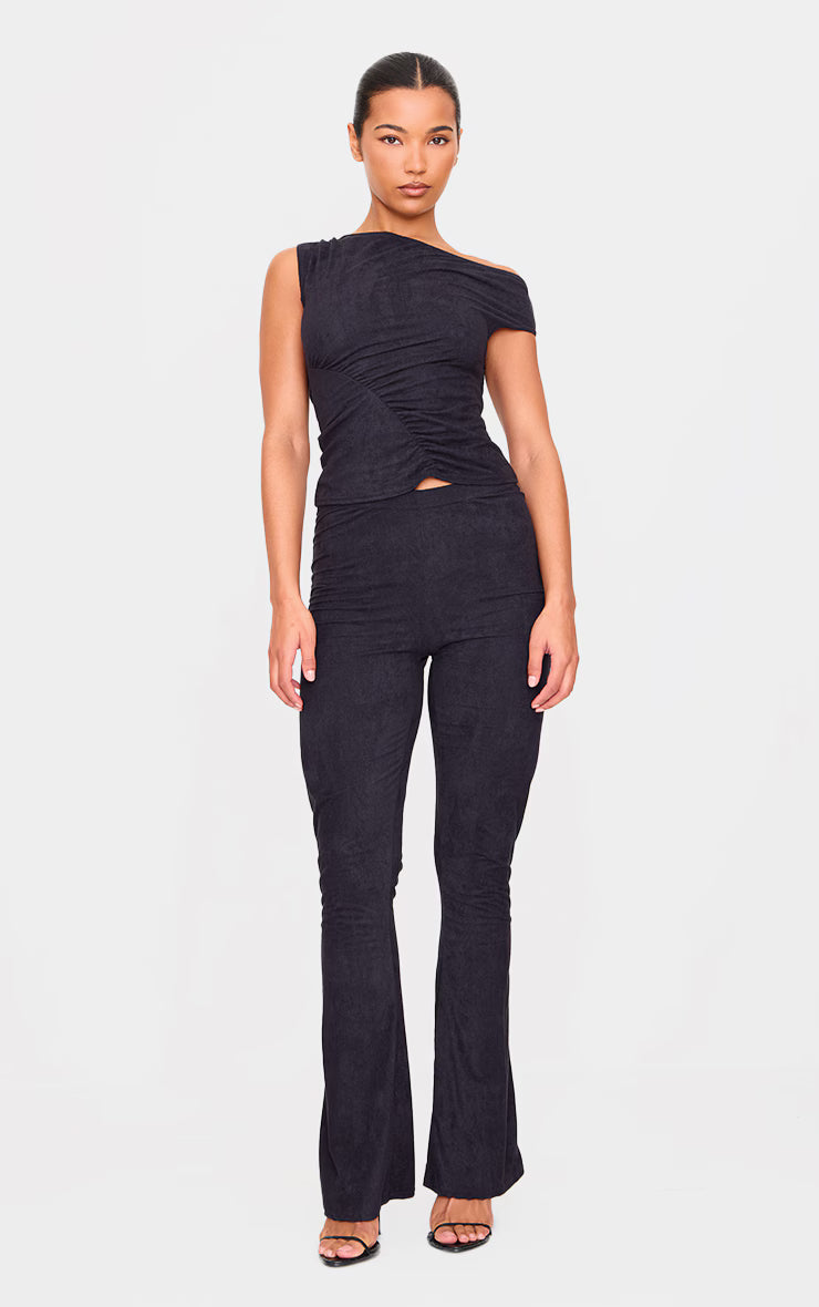 Black Faux Suede Asymmetric Ruched Top
