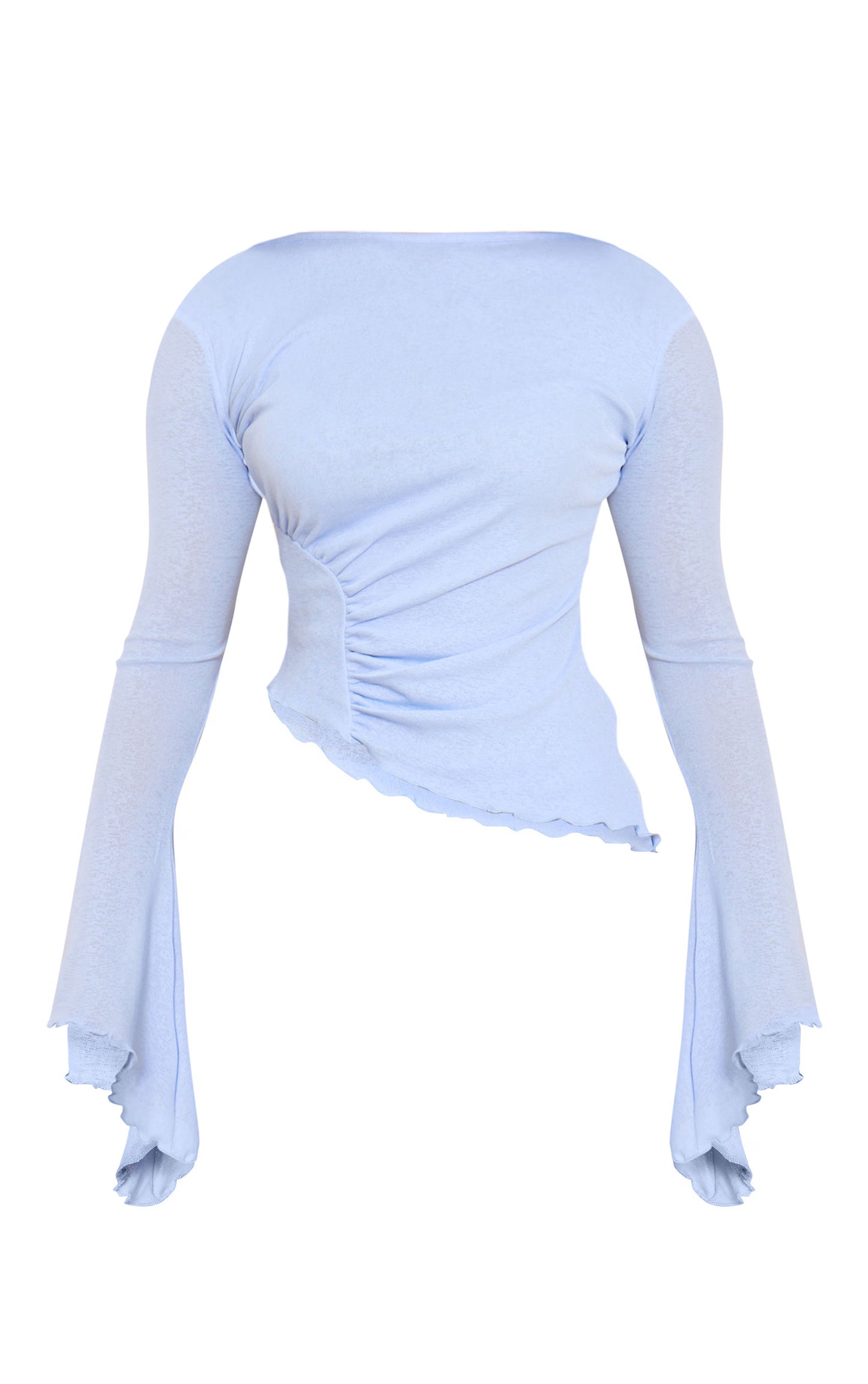 Light Blue Burnout Mesh Ruched Front Flared Sleeve Long Top