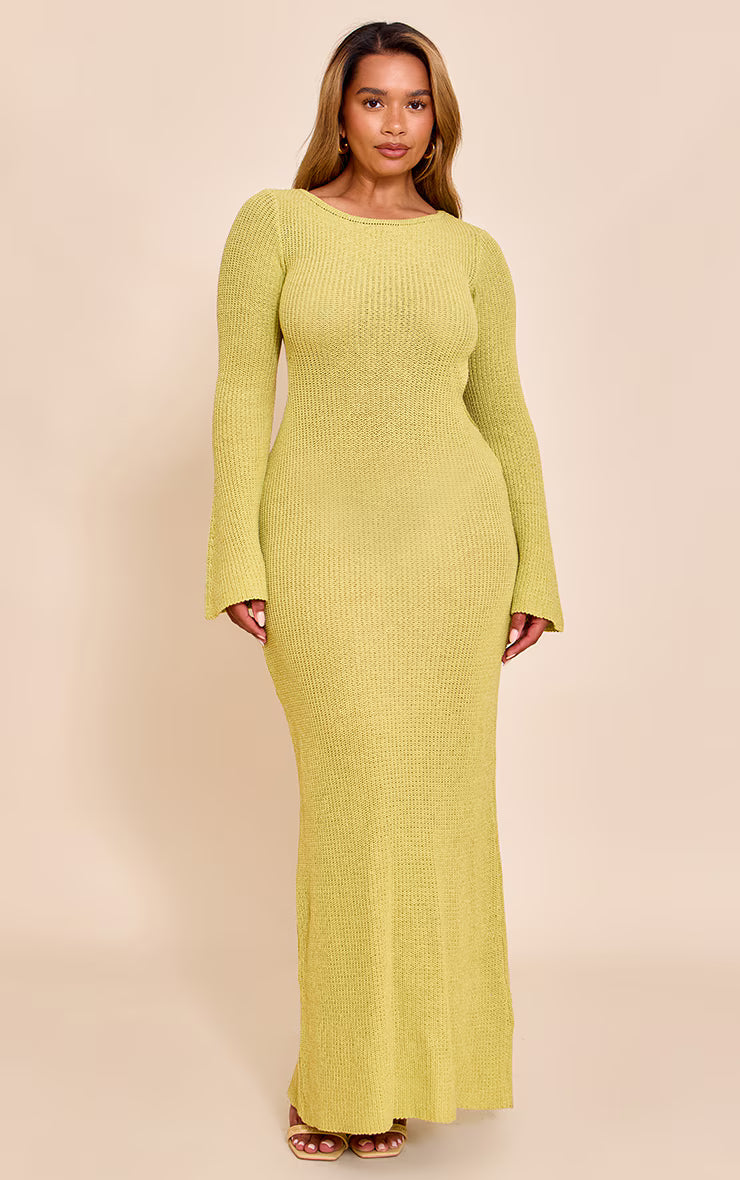 Shape Lime Knitted Boat Neck Open Back Maxi Dress