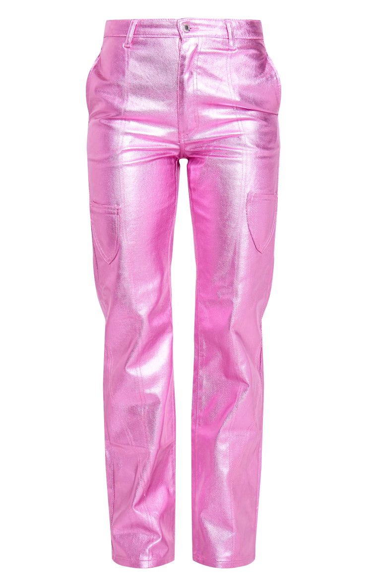 Pink Metallic Denim Stitch Detail Straight Leg Jeans