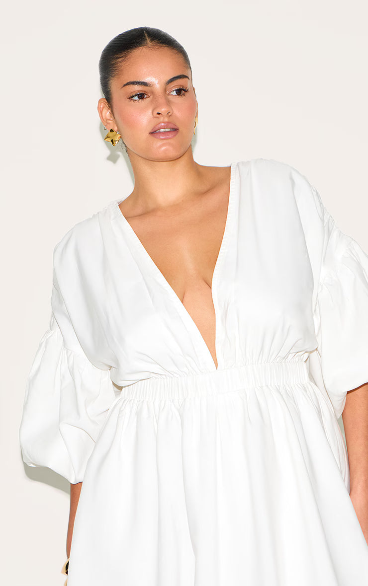 Plus White Puff Sleeve Puffball Hem Dress