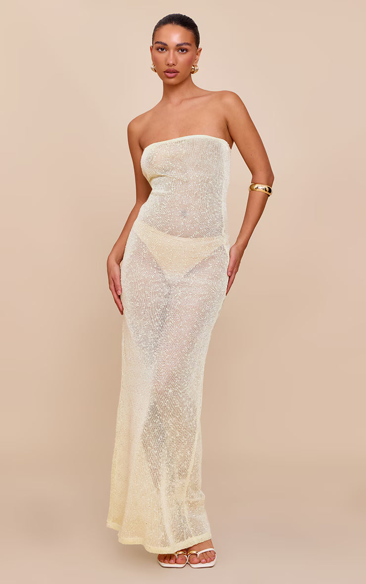 Pale Lime Sequin Sheer Bandeau Maxi Dress