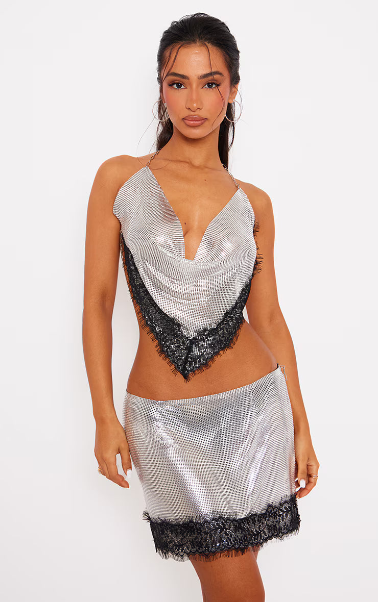Petite Silver Lace Detail Chainmail Crop Top
