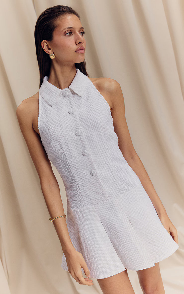 White Boucle Pleated Skater Dress