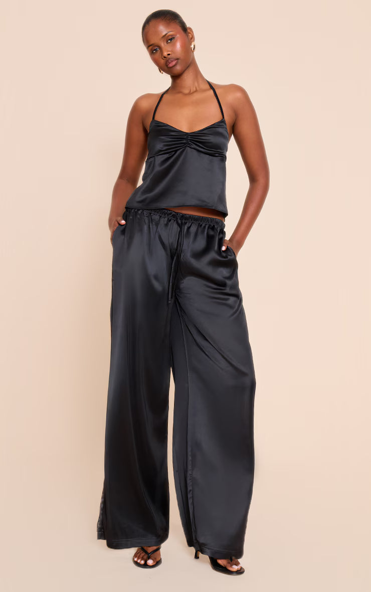Black Satin Ruched Backless Tie Cami Top