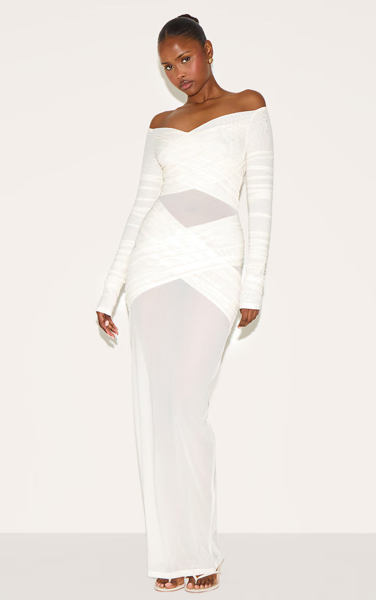 Cream Bandage Mesh Bardot Layered Ruched Maxi Dress
