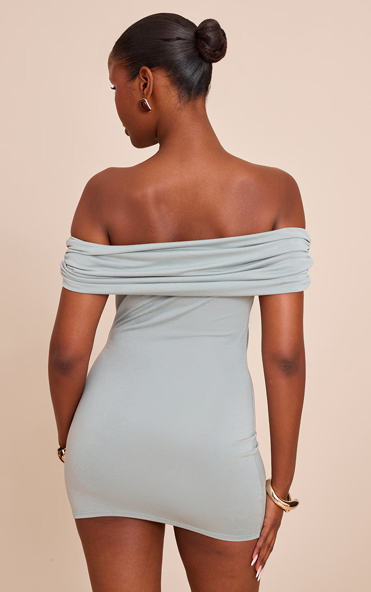 Khaki Modal Ruched Drape Bardot Mini Dress