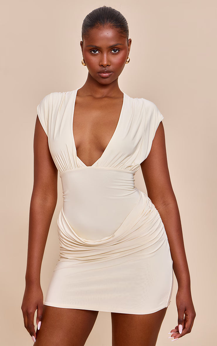 Butter Cream Soft Touch Cowl Drape Mini Dress