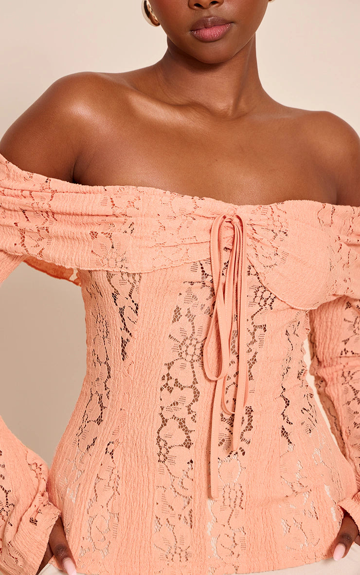 Peach Fitted Lace Flared Sleeve Bardot Top