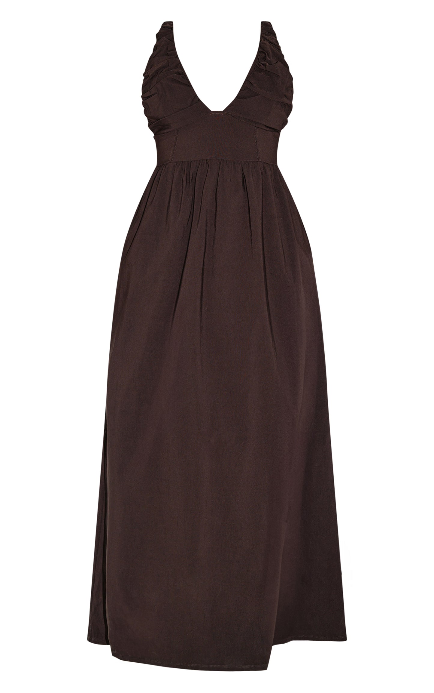 Shape Chocolate Stretch Woven Ruched Plunge Front Maxi Dress