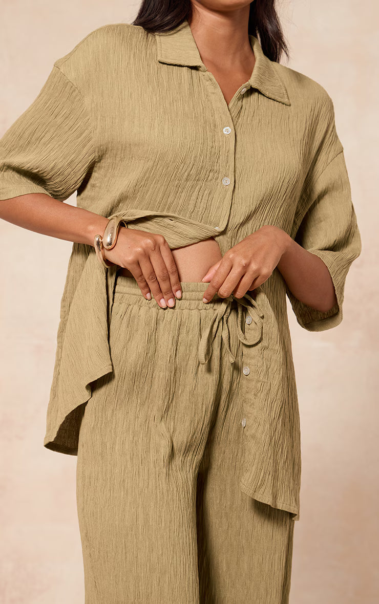 Chartreuse Textured Woven Drawstring Wide Leg Pant
