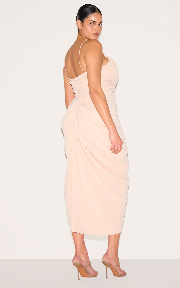 Plus Cream Ruched Drape Midi Dress