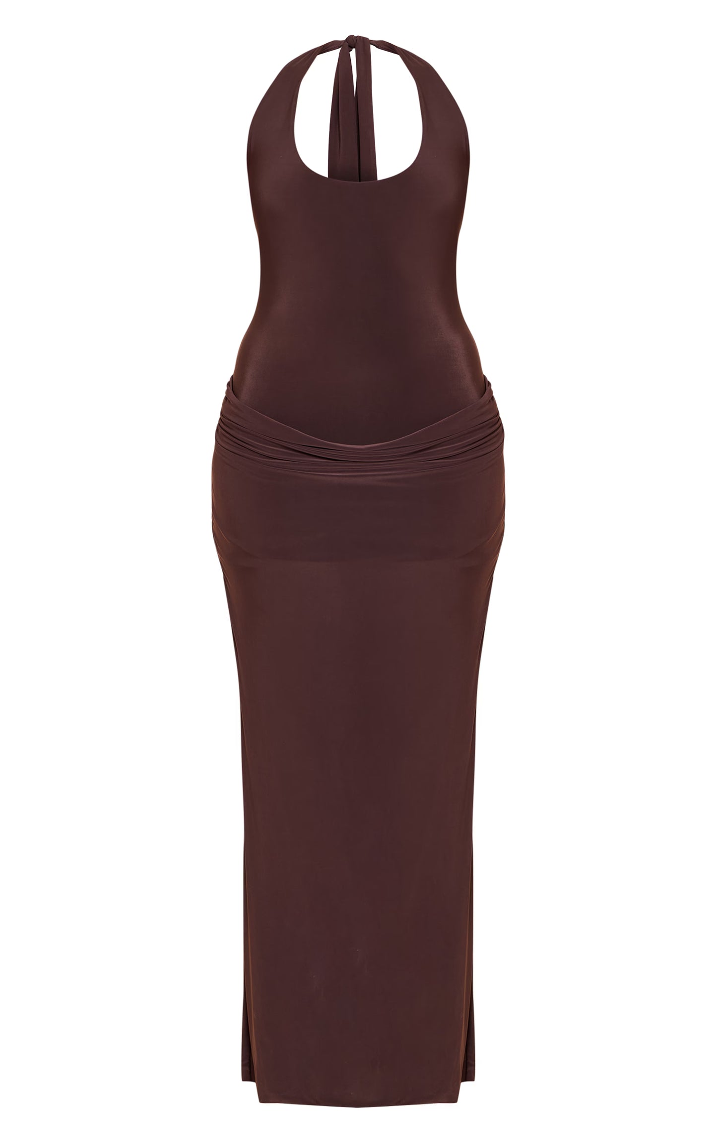 Chocolate Slinky Halterneck Ruched Detail Maxi Dress