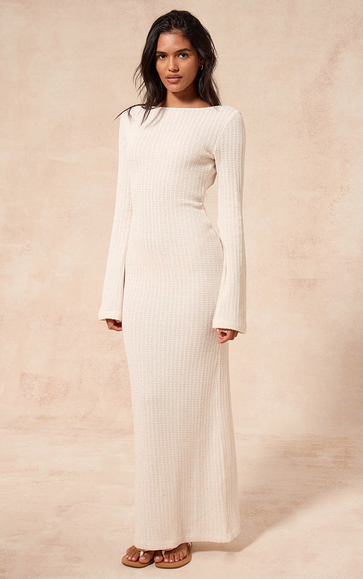 Cream Textured Boat Neck Backless Long Sleeve Maxi Dress