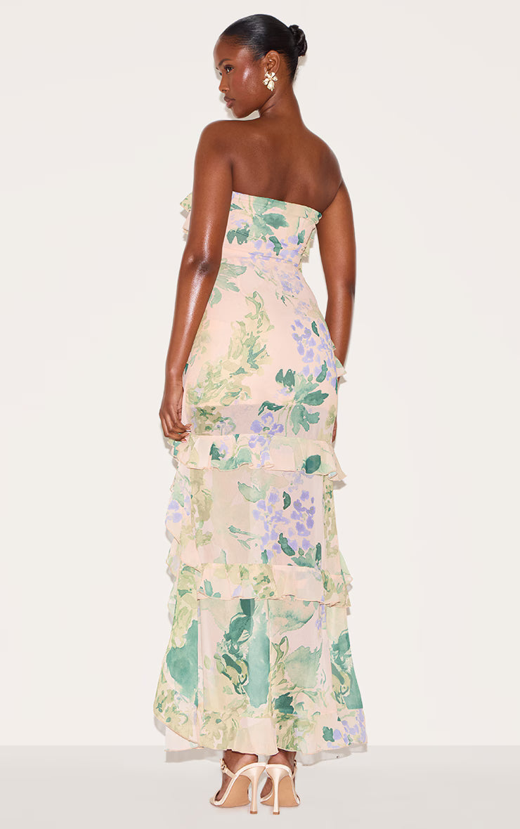 Yellow Printed Ruffled Bandeau Maxi Dress