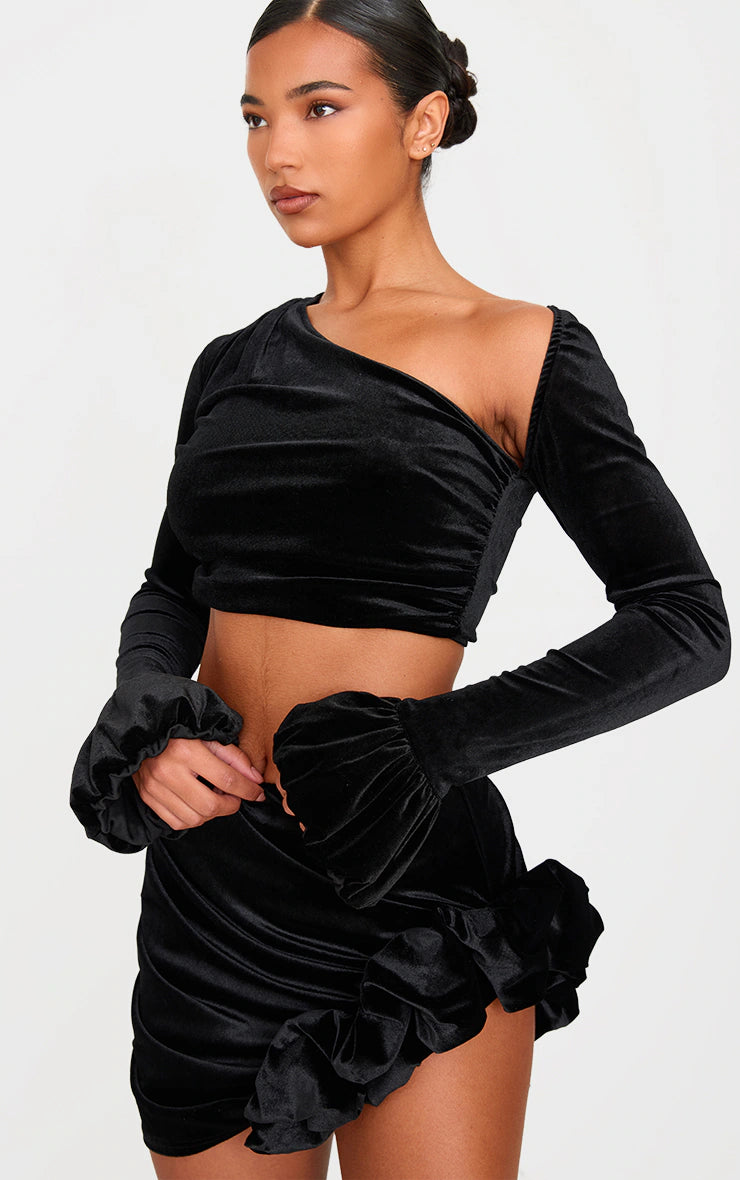Black Velvet Puff Sleeve Cropped Top