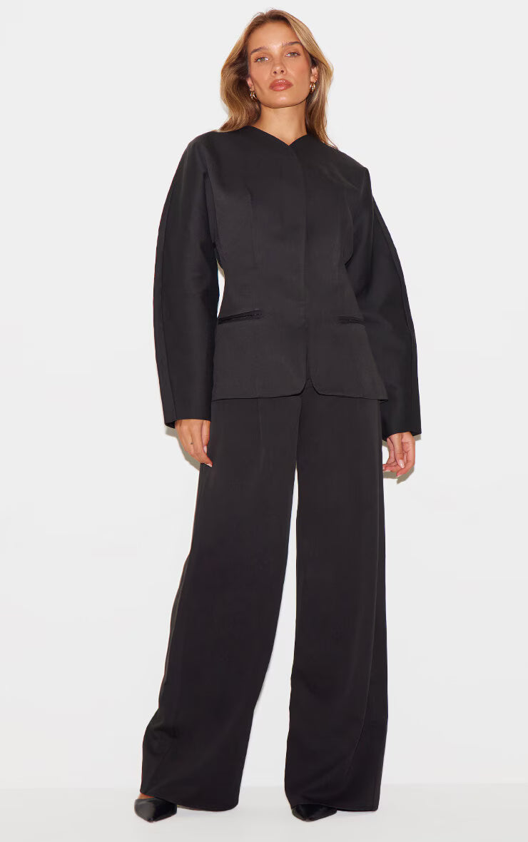 Black Premium Woven Tailored Collarless Detail Blazer