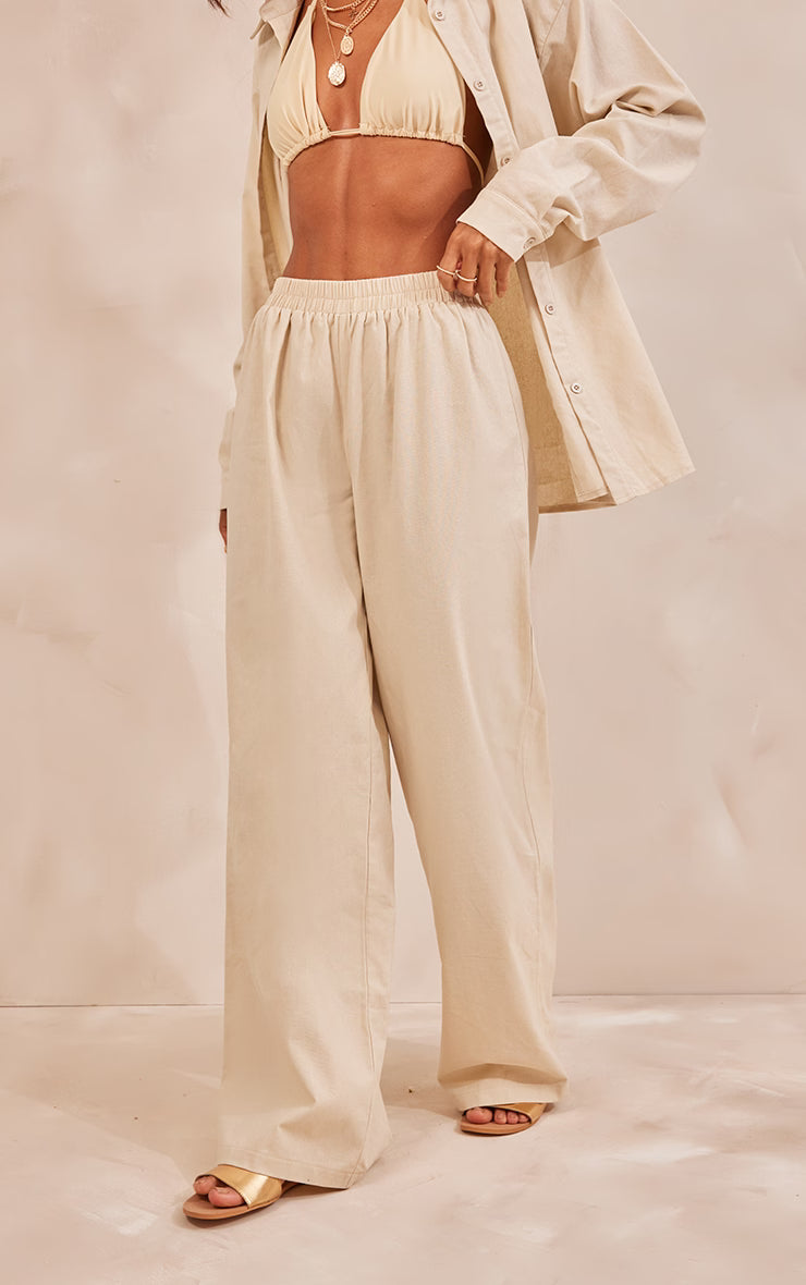 Stone Linen Look Oversized Wide Leg Pants