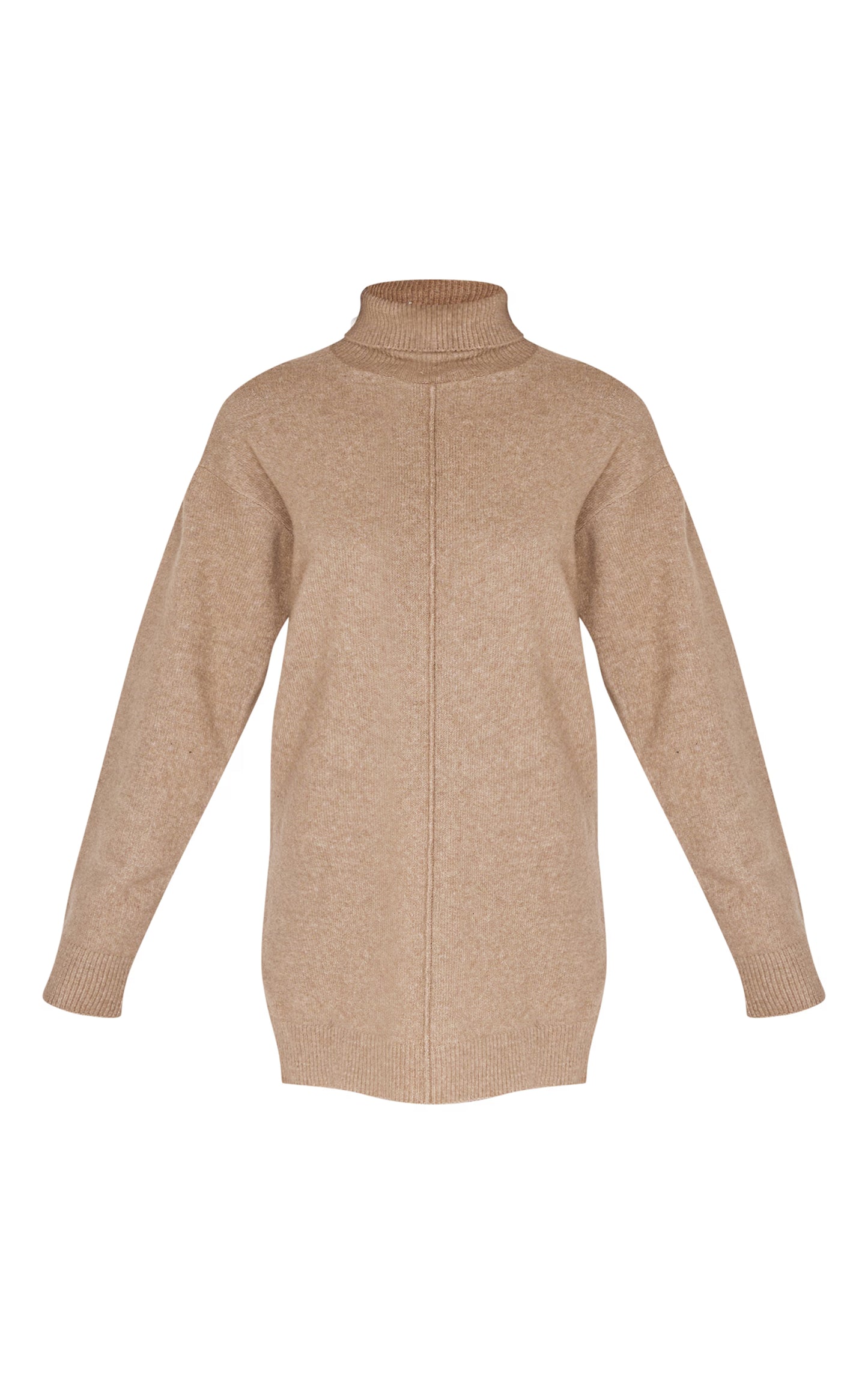 Light Mocha Soft Knit Roll Neck Oversized Seam Detail Sweater Dress