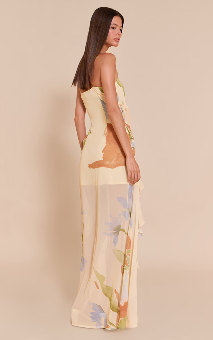 Cream Floral Chiffon Frill Plunge Strappy Maxi Dress