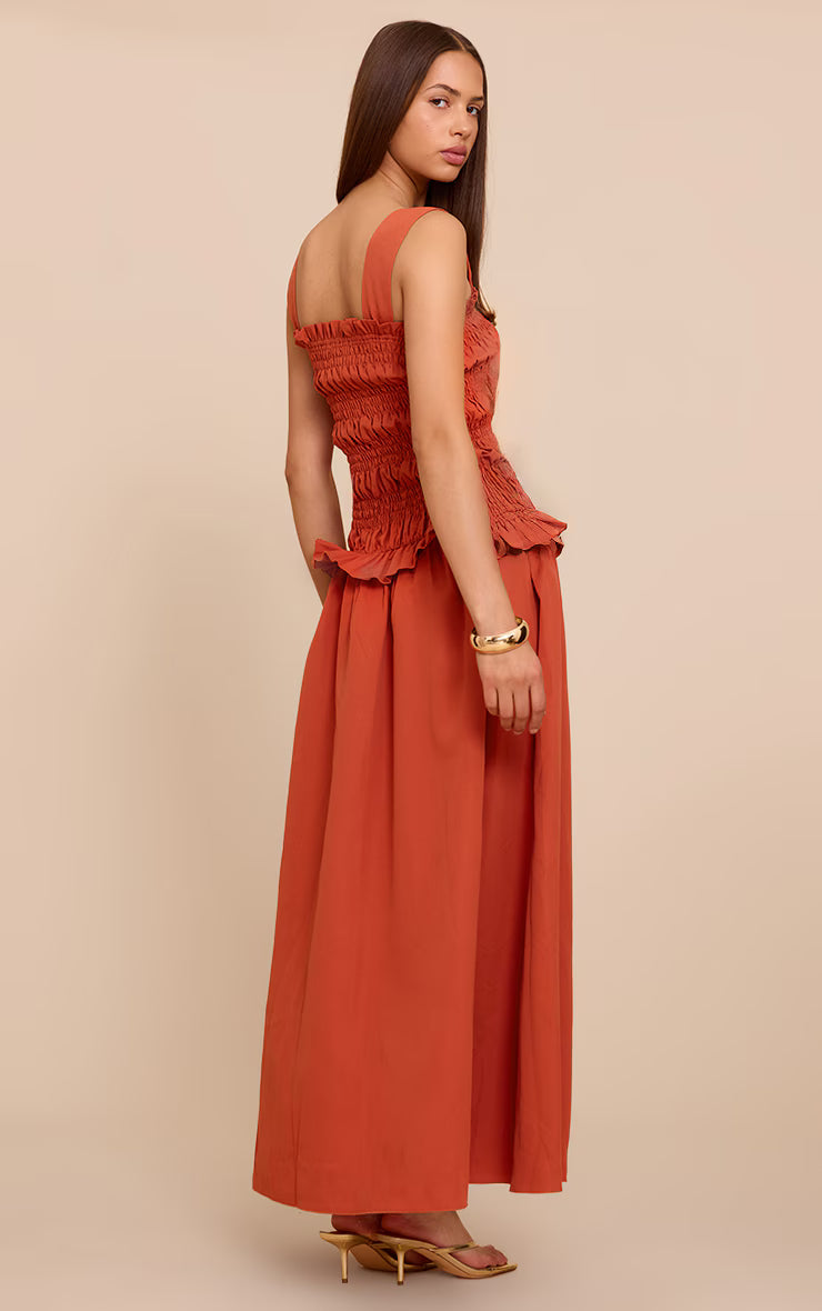 Burnt Orange Shirred Frill Detail Maxi Dress
