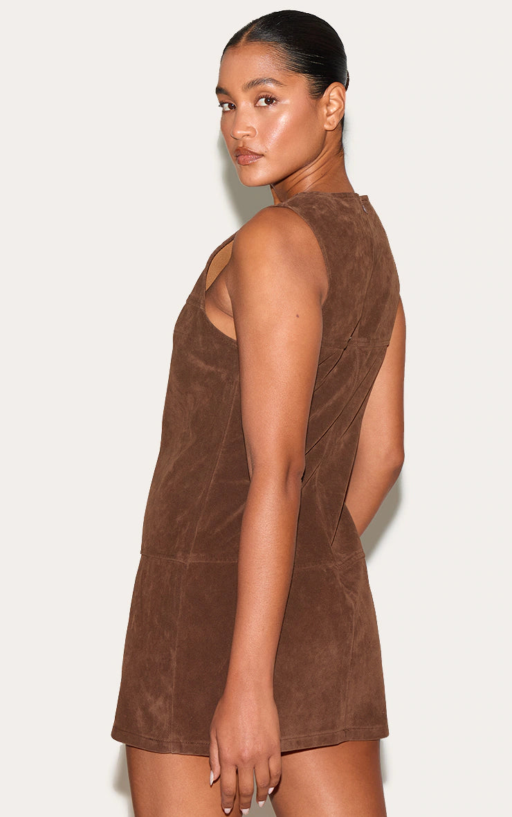 Deep Chocolate Structured Faux Suede Seam Detail Sleeveless Shift Dress