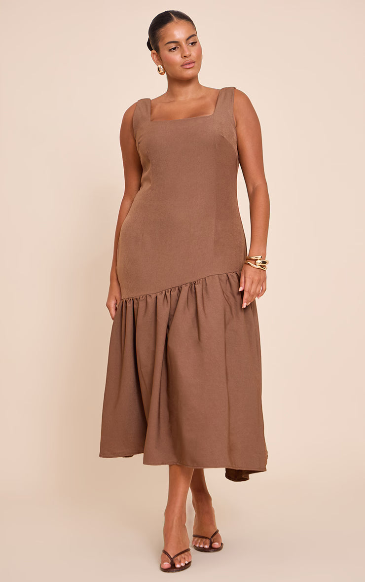 Plus Mocha Pleated Hem Square Neck Midaxi Dress