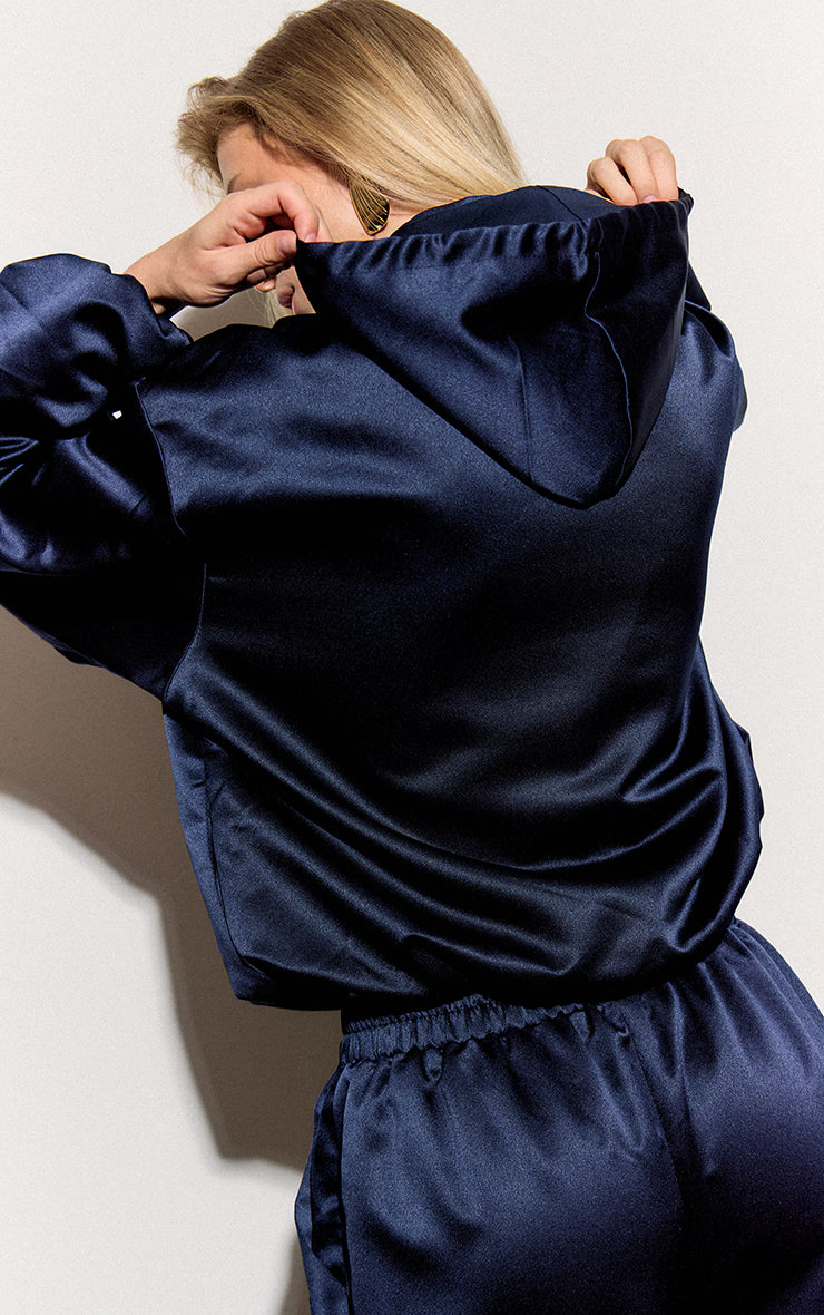 Navy Satin Zip Up Hooded Pullover Jacket