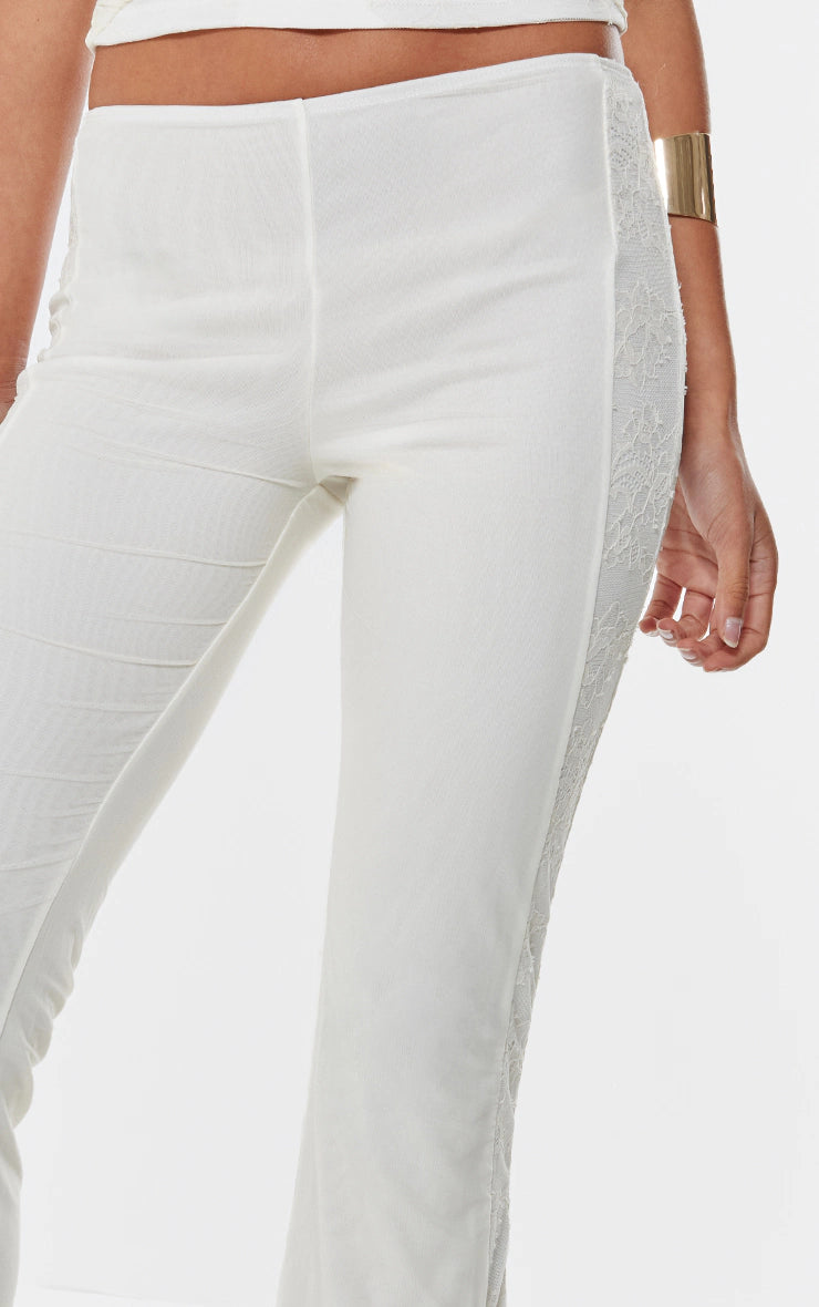 Cream Lace Mesh Panel Straight Leg Pants