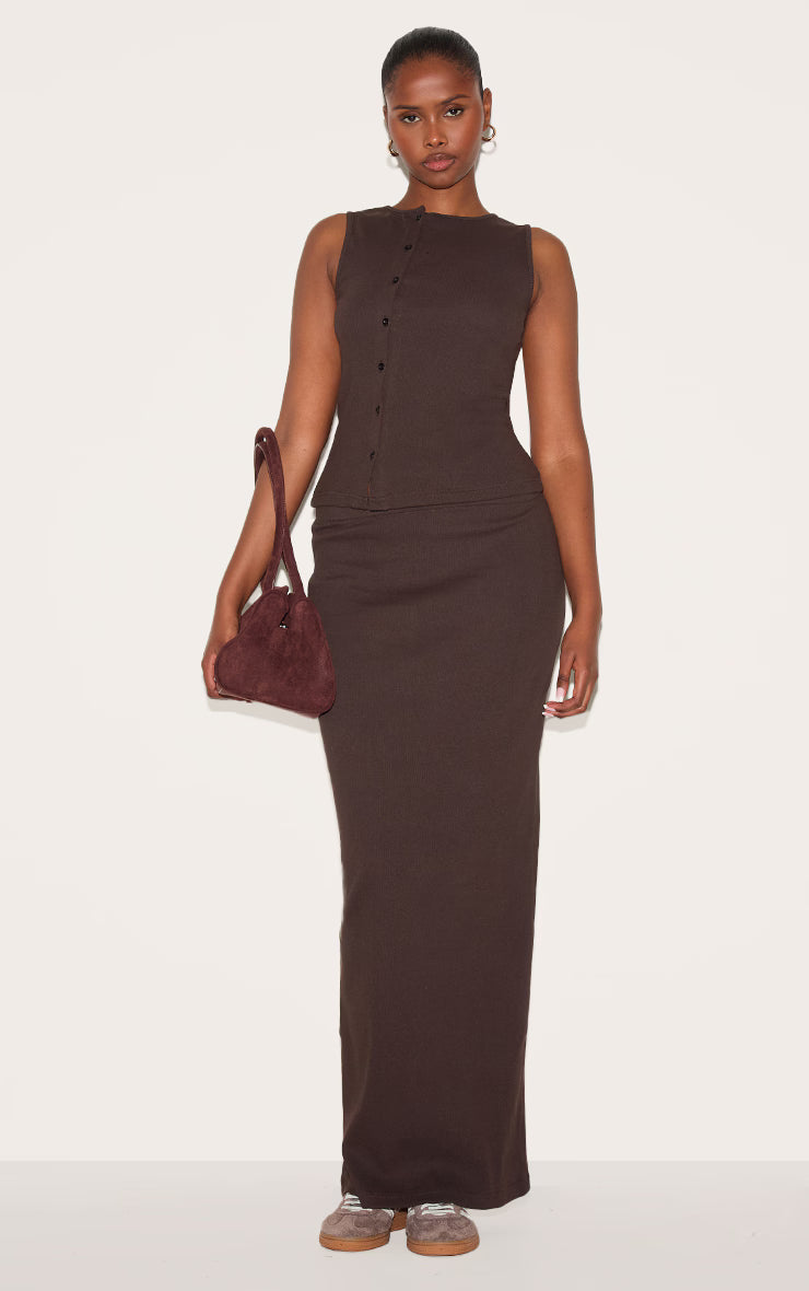 Chocolate Ribbed Asymmetric Button Detail Vest Top