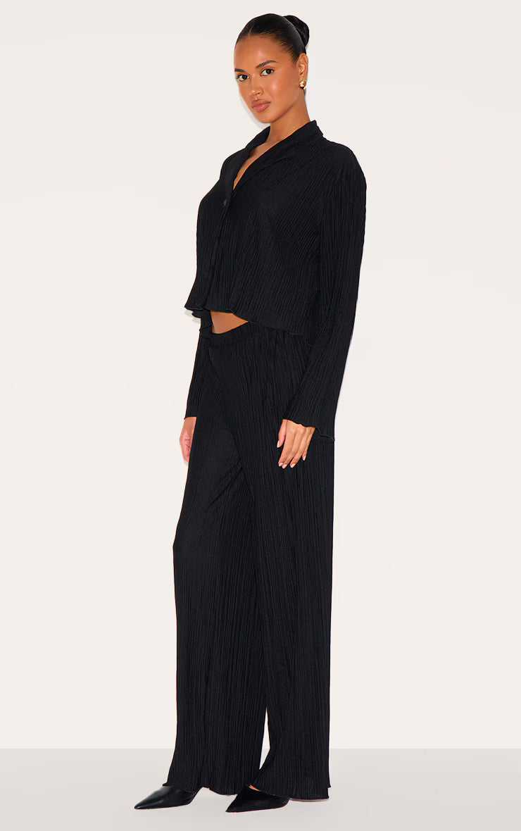 Black Textured Pleated Button Front Shirt